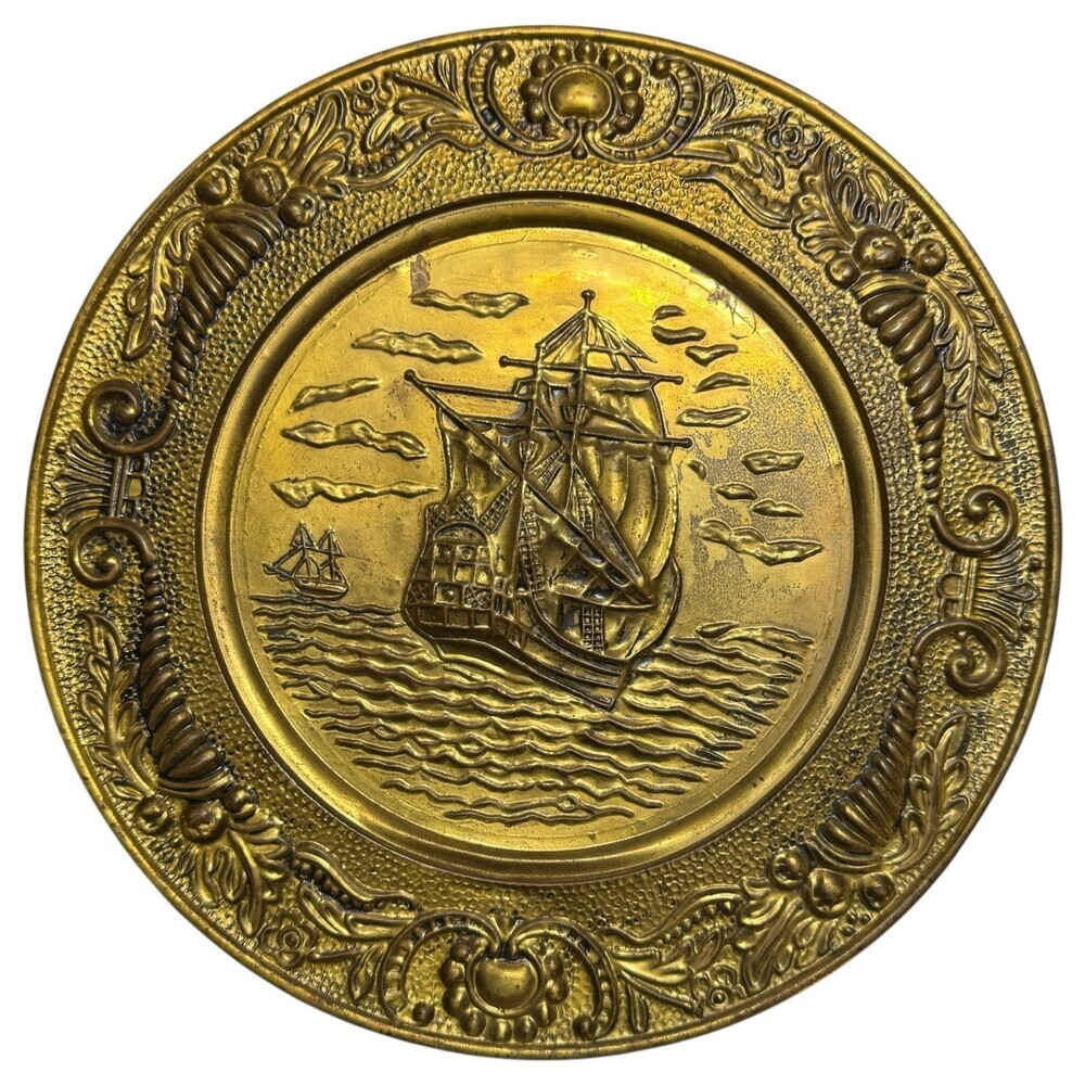 Brass Charger Plate Baroque Border Sailing Ship Nautical Hammered Embossed 14" - Picture 1 of 6